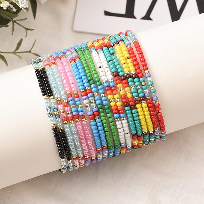XIJIN 18 Pieces Elastic Beaded Anklets for Women Handmade Beach Boho Colorful Beads Ankle Bracelets Set