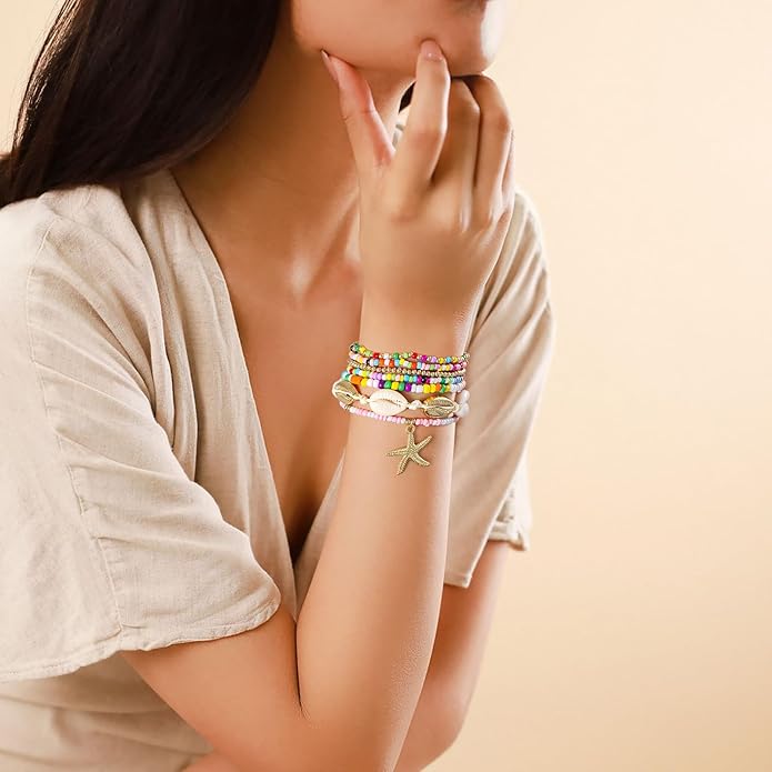Shell Bracelet Seashell Boho Beaded Stretch Bracelets for Women Summer Beach Bracelets Starfish Charm Bracelet Stackable Gold Plated Bracelets Set for Women