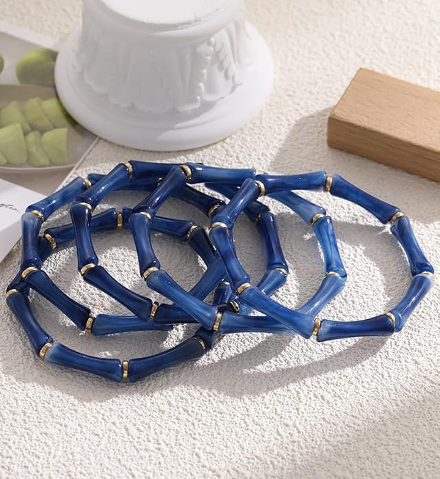 iF YOU 6pcs Chunky Acrylic Bangle Bracelets for Women, Resin Bamboo Brown Stretchy Bracelet Stack, Fashion Jewelry for Women