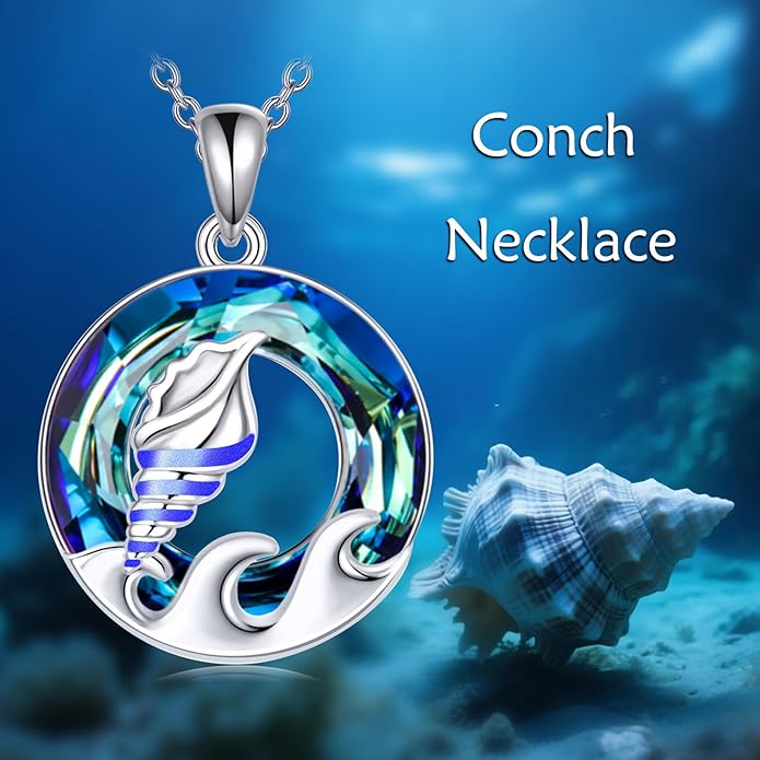 TOUPOP Sea Turtle/Mermaid/Dolphin/Shell/Starfish/Conch/Seahorse Necklace for Women Sterling Silver Ocean Pendant Necklace with Crystal Ocean Beach Charm Jewelry Birthday Christmas Gifts