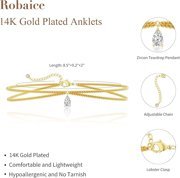 Ankle Bracelets for Women, Glitter Waterproof Adjustable Anklet for Women, 14K Gold Plated/Sterling Silver Layered Anklets, Summer Beach Anklet Jewelry for Women Gift