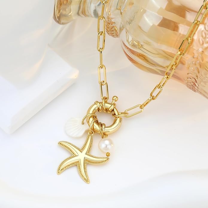 MISS RIGHT Dainty Gold Evil Eye Hamsa Hand Coin Lucky Charm Pendant Necklace for Women Trendy Vintage Paperclip Chain Sun Moon Clover Flower Chunky Charm Necklace Jewelry Gifts