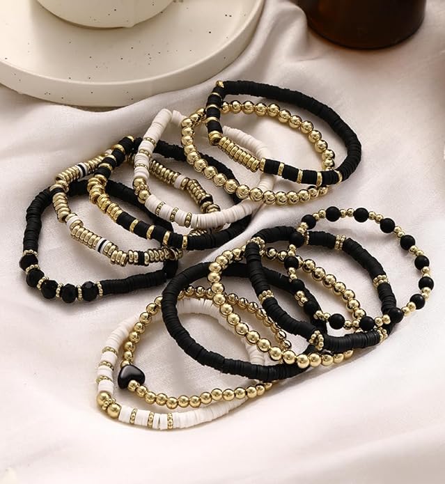 iF YOU 13pcs Heishi Clay Beaded Stretch Bracelets for Women, Boho Gold Surfer Stackable Bracelet Stacks White Brown Black Beach Jewelry