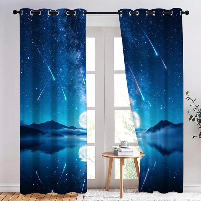 Starry Sky Curtains for Bedroom Living Room Decor, Meteor Shower on a Moonlit by Unknown