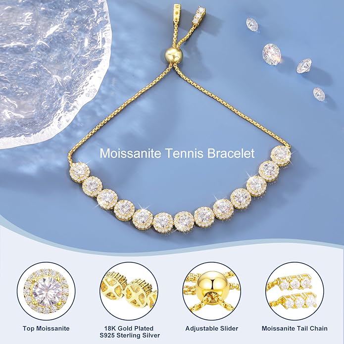 Moissanite Halo Bracelet 4.9CT-8.0CT Lab Grown Moissanite Bracelet for Women 18K White Gold Plated S925 Sterling Silver Adjustable Tennis Bracelet 5MM/7.5MM Iced Out Bracelets Cluster Jewelry
