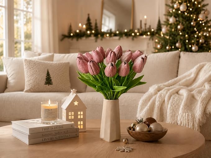 Mandy's 20pcs Artificial Mauve Tulips | 13.5 Inch Lifelike PU Tulips Faux - Image 8
