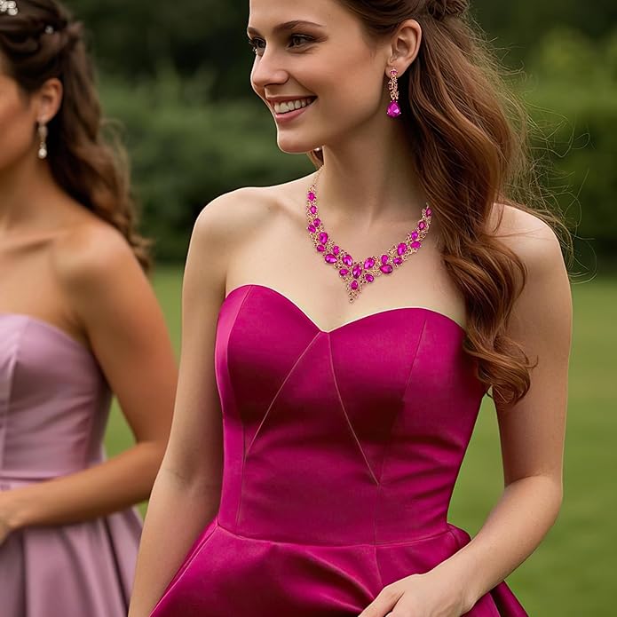 BriLove Women's Wedding Bridal Austrian Crystal Teardrop Cluster Statement Necklace Dangle Earrings Jewelry Set