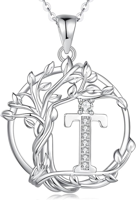 FANCIME Tree of life Initial necklaces for women, Sterling Silver Tree Jewelry Simulated Diamond Letter Pendant Cubic Zirconia CZ Personalized Birthday Mothers Day Gifts for Mom Wife Her