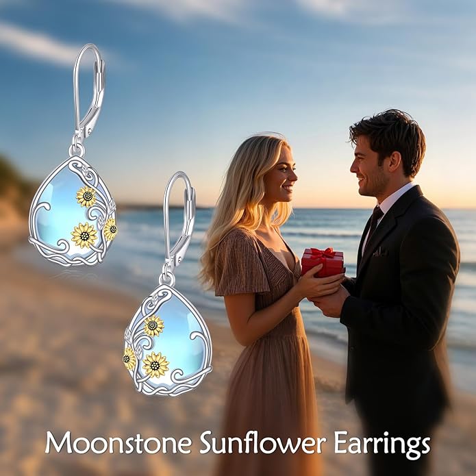VONALA Sunflower Earring for Women 925 Sterling Silver Teardrop Moonstone Dangle Earring Leverback Sunflower Jewelry Birthday Gifts for Her