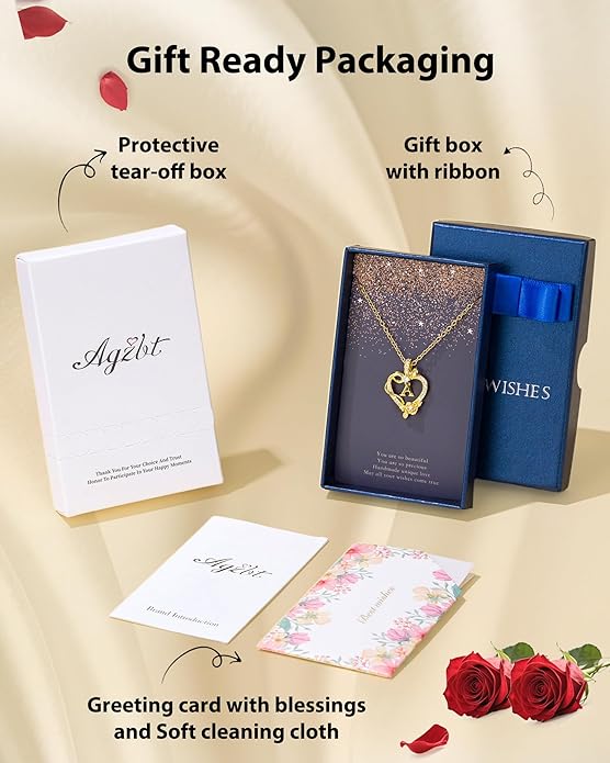 Initial Heart Necklace Gift for Women – 14K Gold Plated Rose Pendant, Personalized Letter Jewelry for Wife, Mom, Grandma, Sister – Birthday, Anniversary for Her