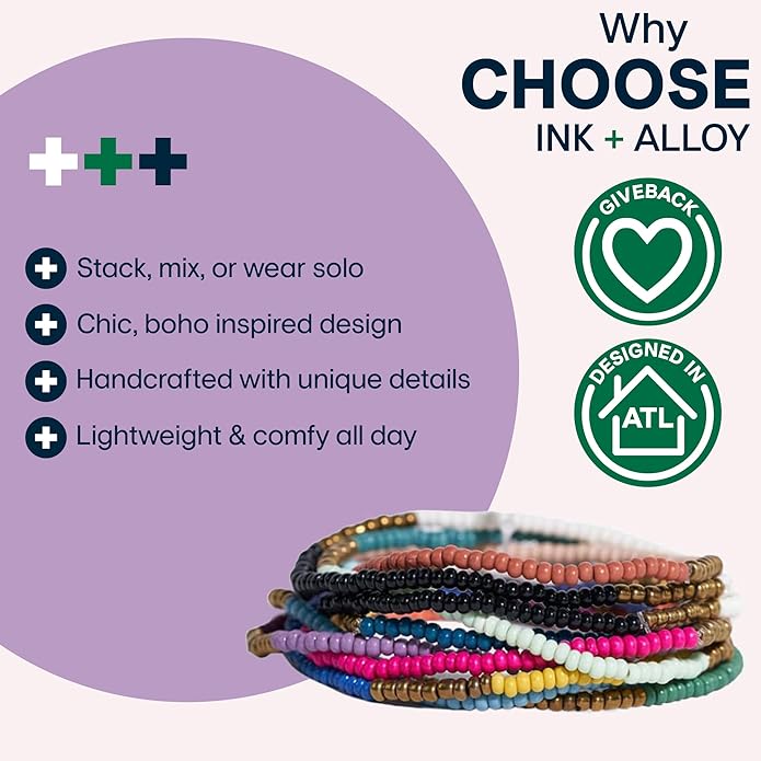 INK + ALLOY 10-Strand Stacking Beaded Bracelets for Women – Mixed Patterns Bracelet Stack - Adjustable Stretch Fit - Handmade Boho Bracelets for Women - Perfect for Any Occasion