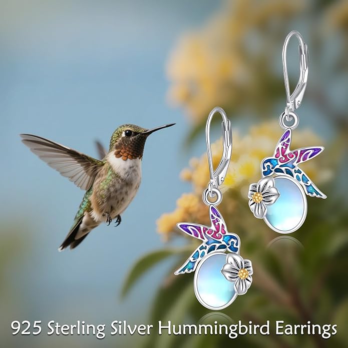 Hummingbird with Moonstone Dangle Earrings 925 Sterling Silver Hummingbird Leverback Earrings for Women