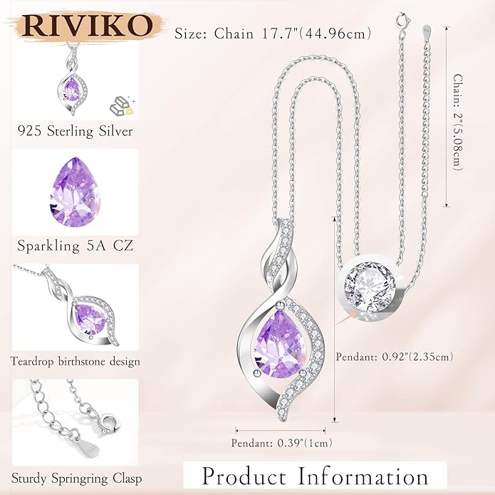 RIVIKO Valentines Day Gifts for Her-Infinity Birthstone Necklace for Women,925 Sterling Silver Teardrop Necklace, Womens Jewelry Birthday Gifts for Women Friend Her Mom Wife Lady