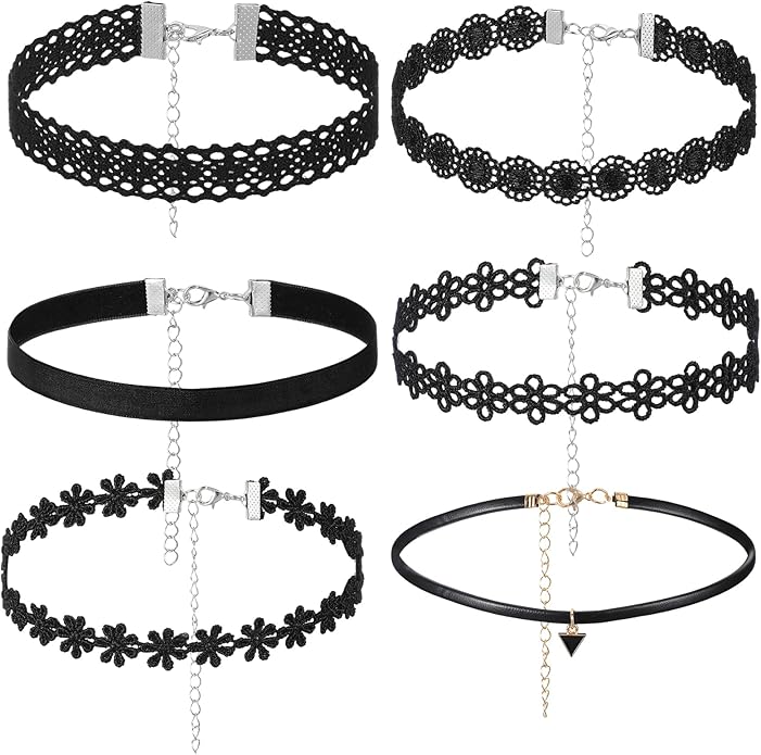 Bremorou 6 Pcs Choker Necklace for Women Black Velvet Chokers Adjustable Vintage Gothic Elastic Choker for 90s Style Classic Punk Lace Chokers Fit Party Cosplay Birthday Gifts Black
