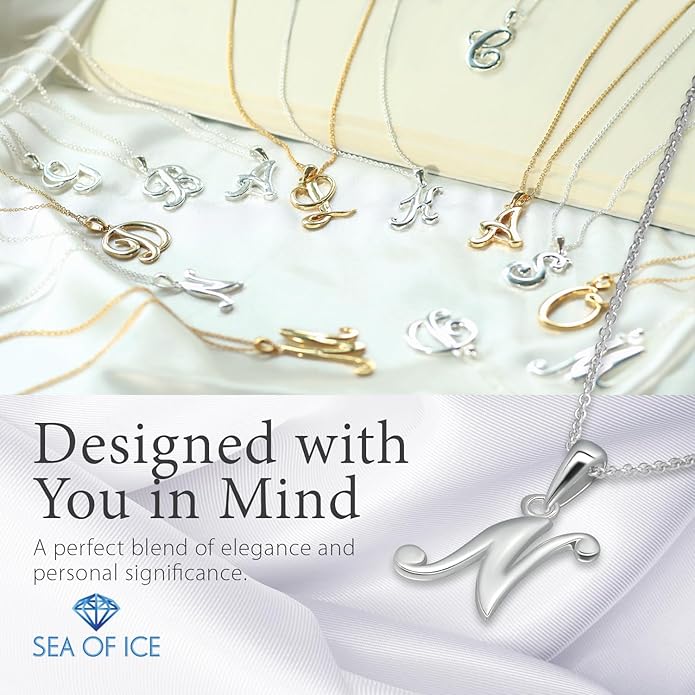 SEA OF ICE Letter Initial Necklace, Alphabet Letter Pendant Necklace, Sterling Silver, Gold, Rose Gold Necklace for Women, Elegant Initial Necklaces, Personalized Custom Women's Necklaces