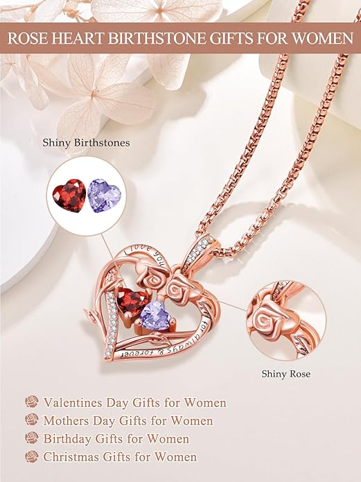 Rose Heart Necklaces for Women, Rose Gold Forever Love Jewelry with 2 Birthstones Pendant,Valentines Anniversarry Birthday Gifts for Her Wife Mom Grandma Daughter, 18+2 Inch Chain