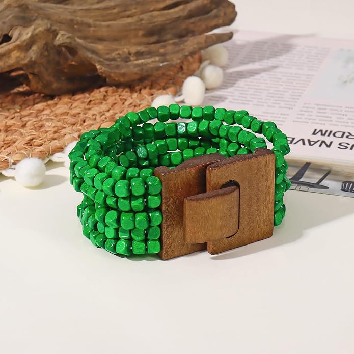 Coiris Boho Bangle Bracelets for Women Wooden Beaded Bracelets Chunky Bohemian Beach Bracelets Jewelry for Women