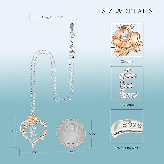 Valentines Day Gifts Rose Heart Letter Initial Necklace for Women, S925 Sterling Silver Pendant Necklace Adjustable Dainty Rose Flower Jewelry Gift for Her