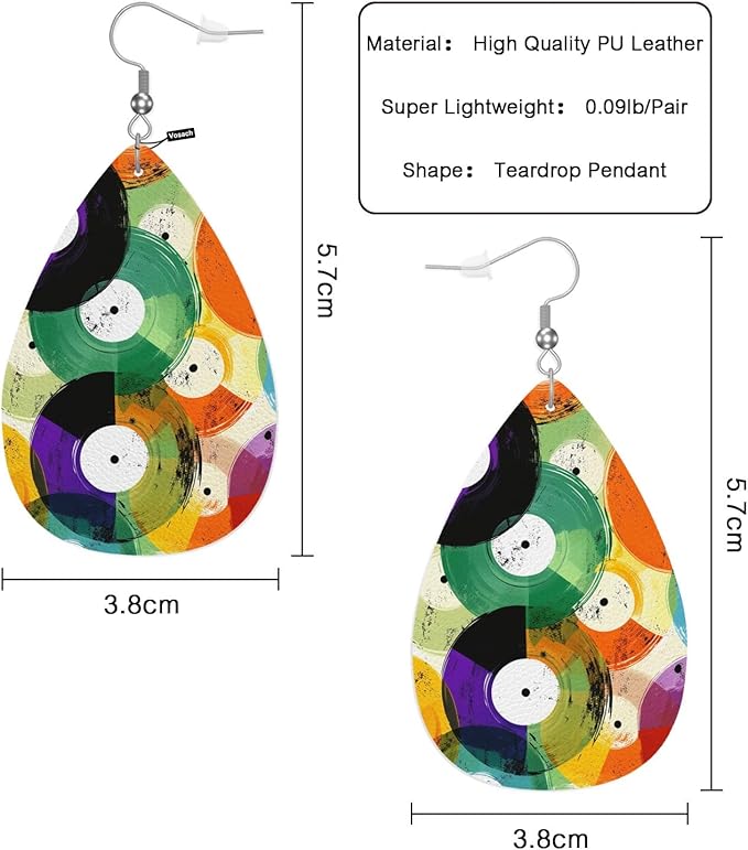 Earrings For Women Music, Retro Watercolor Colorful Music Record Graffiti Fashion Leather Teardrop Earrings Lightweight Earrings For Women Friends Bridal