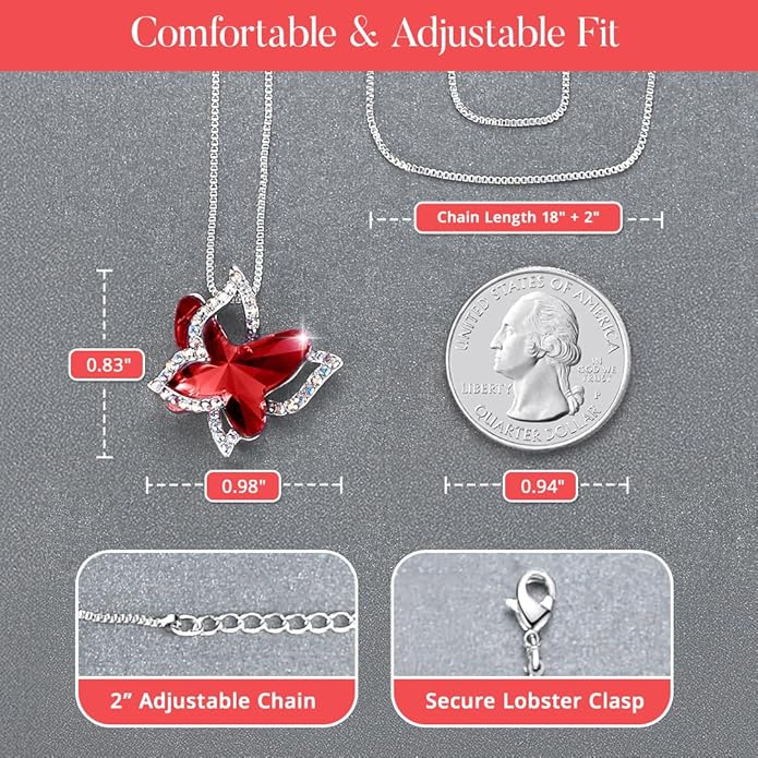 Valentine's Day Gift Butterfly Birthstone Crystal Necklace, Silver Tone with 18”+2” Chain, Necklace for Mother’s Day Anniversary Birthday Gifts for Women and Daughter
