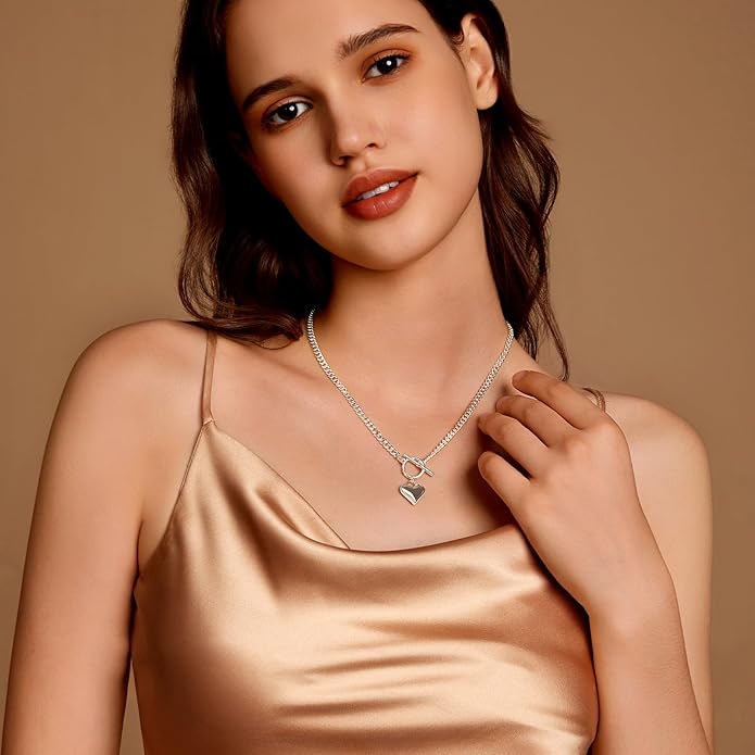 Zeffy 14K Gold/Silver Plated Chunky Thick Chain Toggle Clasp Necklace Dainty Baroque Pearl/Heart/Cross/Turquoise Pendant Necklace