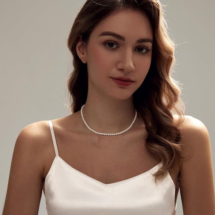 Zeffy Pearl Necklace 4MM/6MM/8MM Dainty Round Imitation Pearl Choker Necklace Wedding Pearl Necklace Delicate Jewelry for Women Simple Bridesmaid Jewelry Gifts