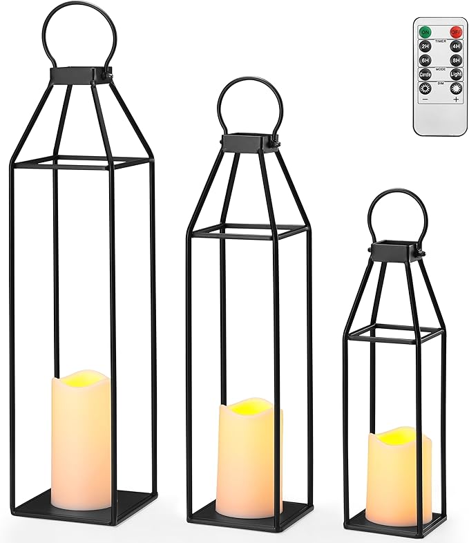 Perfnique Set of 3 Black Metal Lanterns w/ Waterproof Flickering Flameless by PERFNIQUE
