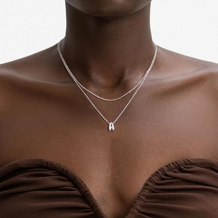 Valentines Day Gifts for Her - Bubble Letter Necklace Layered 14K Gold Plated Initial Necklaces for Women Dainty Cute Choker Pendant Stack Jewelry Fashion Accessories Teen Gift Trendy Stuff