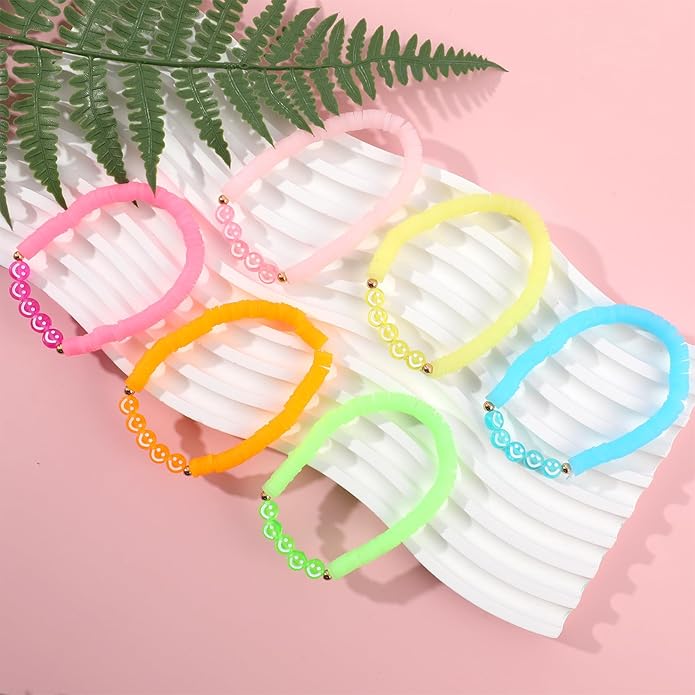 Bohemian Colorful Beaded Bracelets for Women Boho Stackable Natural Stone Letter Clay Glass Beads Stretch Bracelet Set with Charm, Cute Rainbow Friendship Bracelets for Summer Vacation