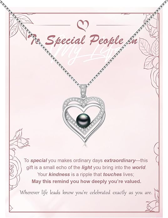 Tahitian Black Pearl AAAA 18K White Gold Plated Sterling Silver Heart Pendant Necklace for Women Wife Mom Girlfriend Valentine Her Jewelry Gift for Anniversary Birthday Christmas