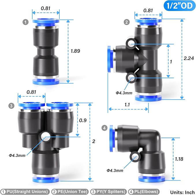 TAILONZ PNEUMATIC 1/2 Inch od Push to Connect Fittings Pneumatic Fittings Kit 2 - Image 2