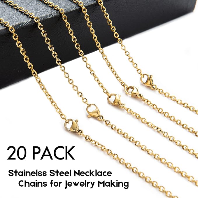 20 Pack Necklace Chains Gold Plated Stainless Steel Cable Chain Necklace Bulk for Jewelry Making, 18 Inches