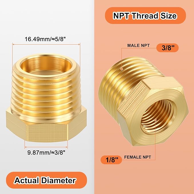 4 Pack Male to FeMale Adapter, 3/8" NTP Male x 1/8" NTP Female Brass Hex - Image 2