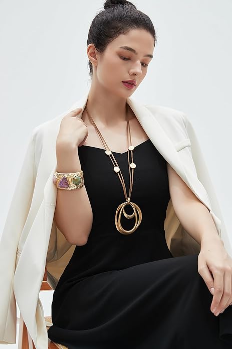 GelConnie Leather Necklace for Women Large Pendant Long Brown Necklace Circle Leather Choker Vintage Sweater Necklace Gold Chunky Boho Necklaces for Women