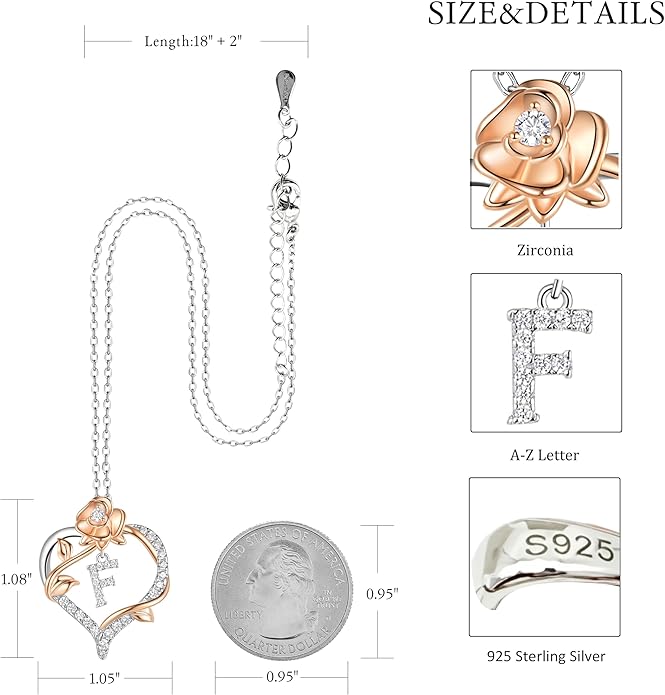 Valentines Day Gifts Rose Heart Letter Initial Necklace for Women, S925 Sterling Silver Pendant Necklace Adjustable Dainty Rose Flower Jewelry Gift for Her