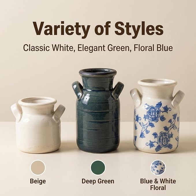 Ceramic Vase Set of 3 with Two Handles, Versatile as Table Centerpiece or - Image 2