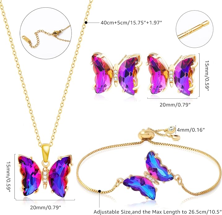 MISS RIGHT Butterfly Crystal Jewelry Set with Butterfly Necklace Stud Earrings Bolo Bracelet Adjustable Ring for Women Trendy, Iridescent Y2K Dainty Butterfly Jewelry Gifts