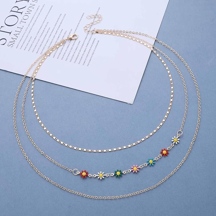 Vintage Layered Colorful Flower Necklace Multi Color Daisy Flower Choker Necklace Gold Rainbow Daisy Necklace Enamel Floral Necklace Chain Jewelry for Women