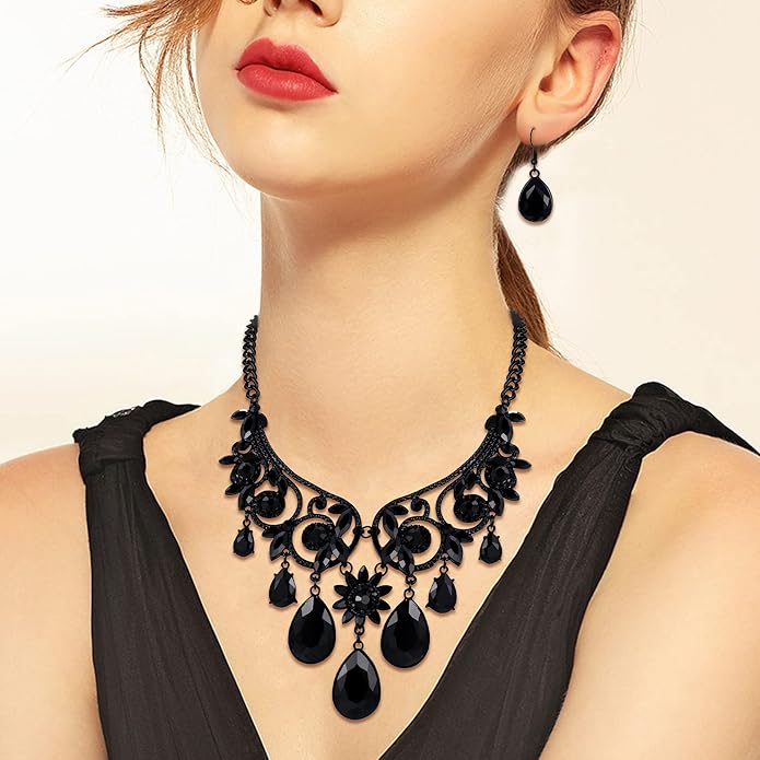 BriLove Women's Tribal Ethnic Crystal Chunky Statement Necklace Dangle Earrings Set
