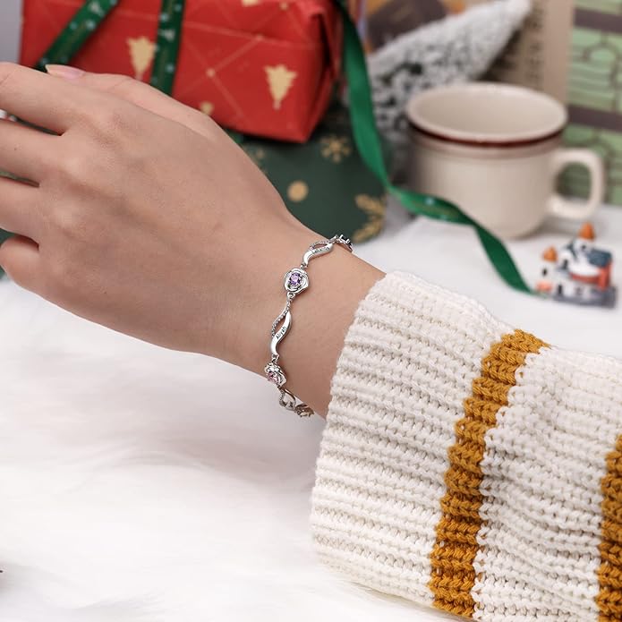 Personalized Simulated Birthstone Bracelets Adjustable Rose Flower Chain Charm Bracelet with 1-5 Name Initial Engraved for Women Mom Christmas Gifts