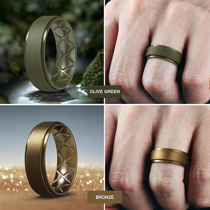 Egnaro Men's Rings 8.5mm Wide-2mm Thick Inner Arc Ergonomic Breathable Rubber Wedding bands-Hypoallergenic for Gym/Outdoor/Gift((1-7 Variety Pack with Half Size)