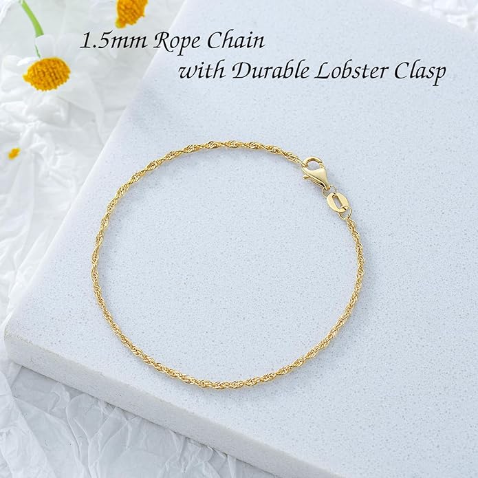 14K Yellow Gold 6-13 Inch 1.2mm-3.2mm Chain Bracelet Anklet for Women, Cuban Link Curb/Rope/Paper Clip/Round Snake/Herringbone/Bead/Water Wave, Thin Gold Chain Bracelet Durable Strong Real 14k Gold Chain Bracelet Anklet