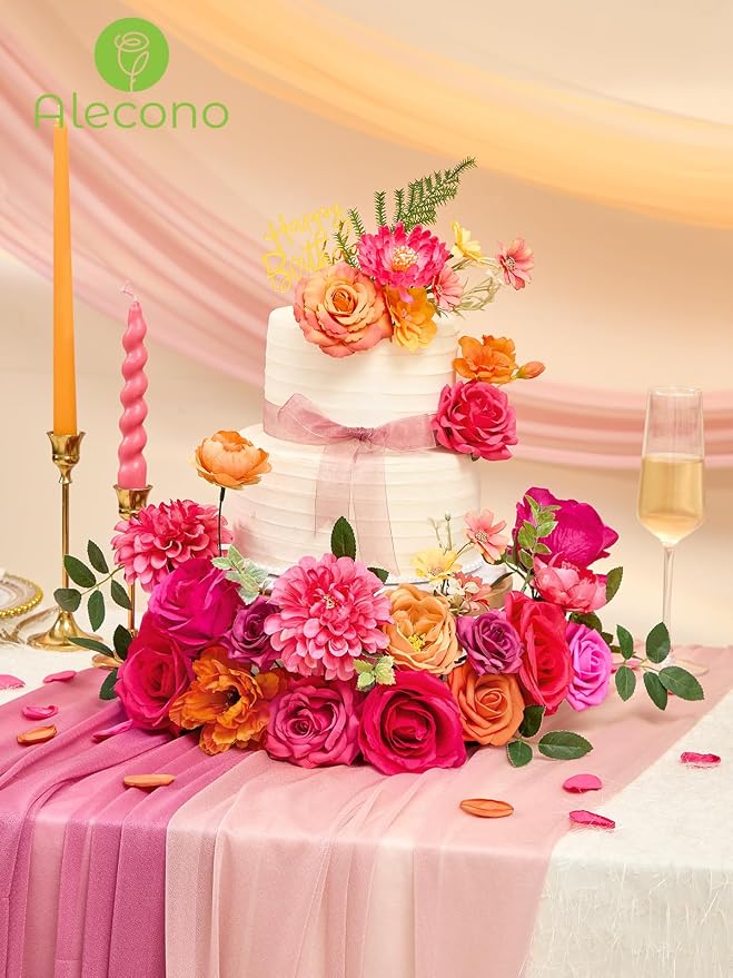 Alecono Orange and Hot Pink Artificial Flowers, Silk Fake Floral Set | - Image 2