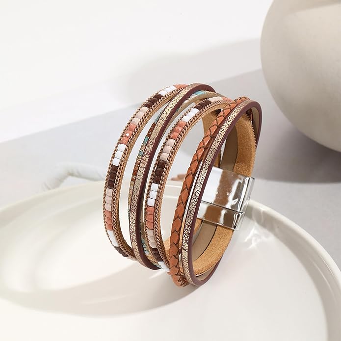 VIBILIA Boho Leather Wrap Bracelets for Women Multi-Layer Bracelets with Strong Clasp Jewelry for Women