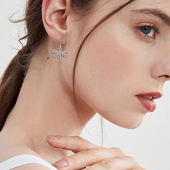 ONEFINITY Dragonfly Earrings 925 Sterling Silver Moonstone Leverback Dragonfly Dangle Drop Earrings Women Jewelry Gifts