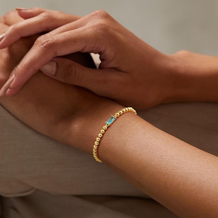 Yoosteel Valentines Gifts for Her Kids Girls - Valentines Day Bracelets Dainty Birthstone Bracelet for Women Elastic 14K-Gold-Plated Bead Bracelets Trendy Friendship Birthday Jewelry Gift for Teenage Girl Women