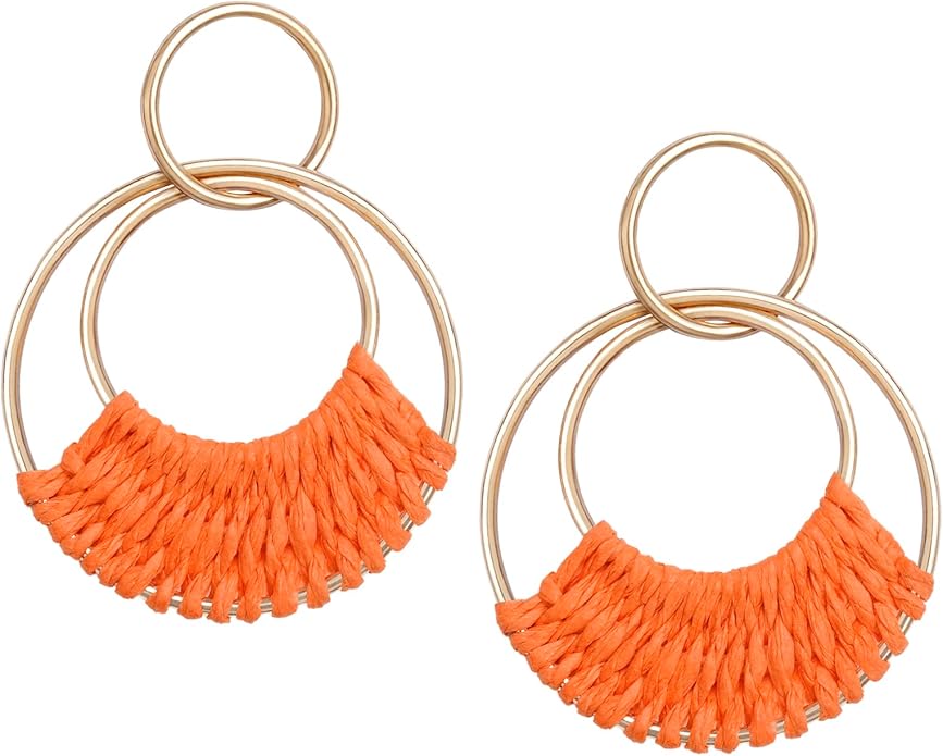 Raffia Hoop Earrings for Women Fun Boho Summer Beach Earrings Lightweight Handmade Straw Wicker Rattan Dangle Earrings Statement Geometric Round Drop Earrings