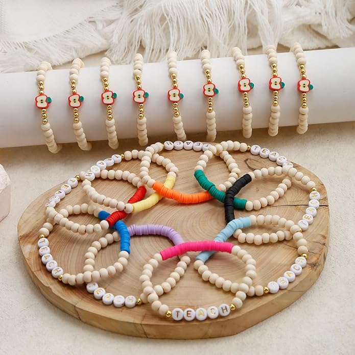 COLOYAN 18PCS Teacher Appreciation Gifts for Women Men, Teacher Gifts Wooden Beaded Bracelet elastic Clay Bracelet, Birthday Christmas Thanksgiving Thank You Gifts for Teachers
