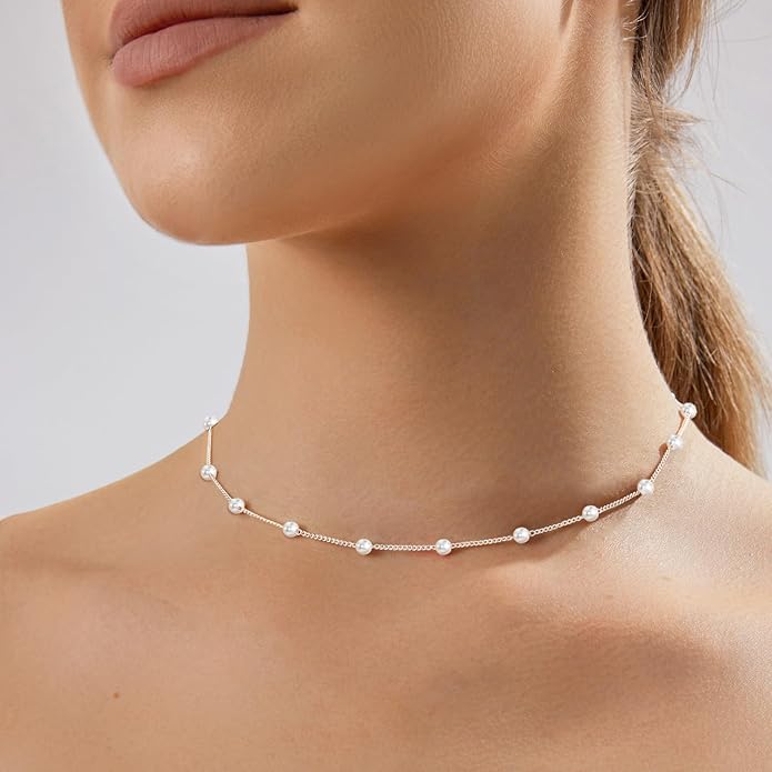Zeffy Pearl Necklace 4MM/6MM/8MM Dainty Round Imitation Pearl Choker Necklace Wedding Pearl Necklace Delicate Jewelry for Women Simple Bridesmaid Jewelry Gifts