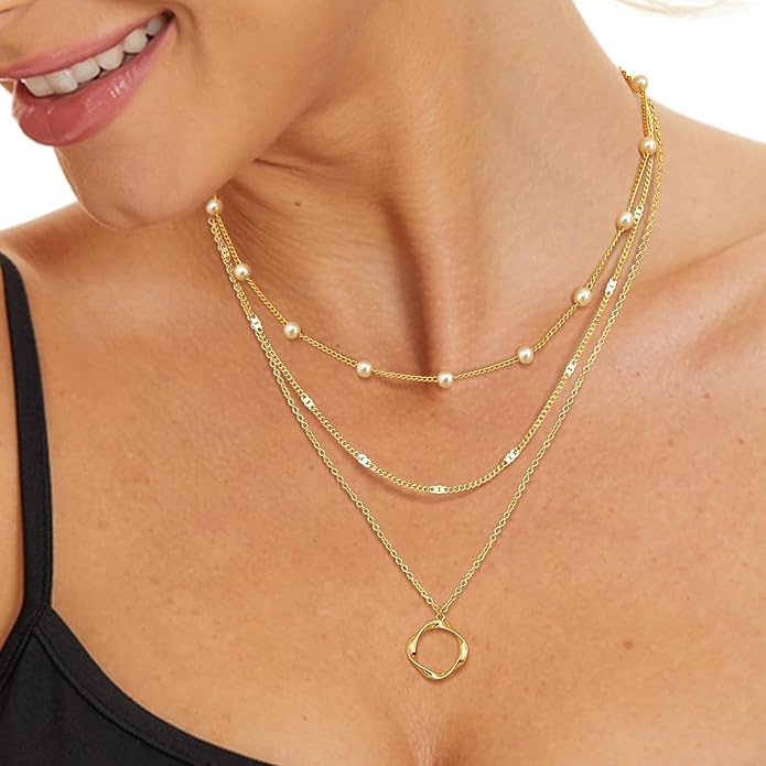 Evabelle Gold Layered Necklace for Women Trendy Jewelry 14K Real Gold Plated Chunky Chain Stackable Necklaces Dainty Choker Necklaces Rectangle Square Pendant